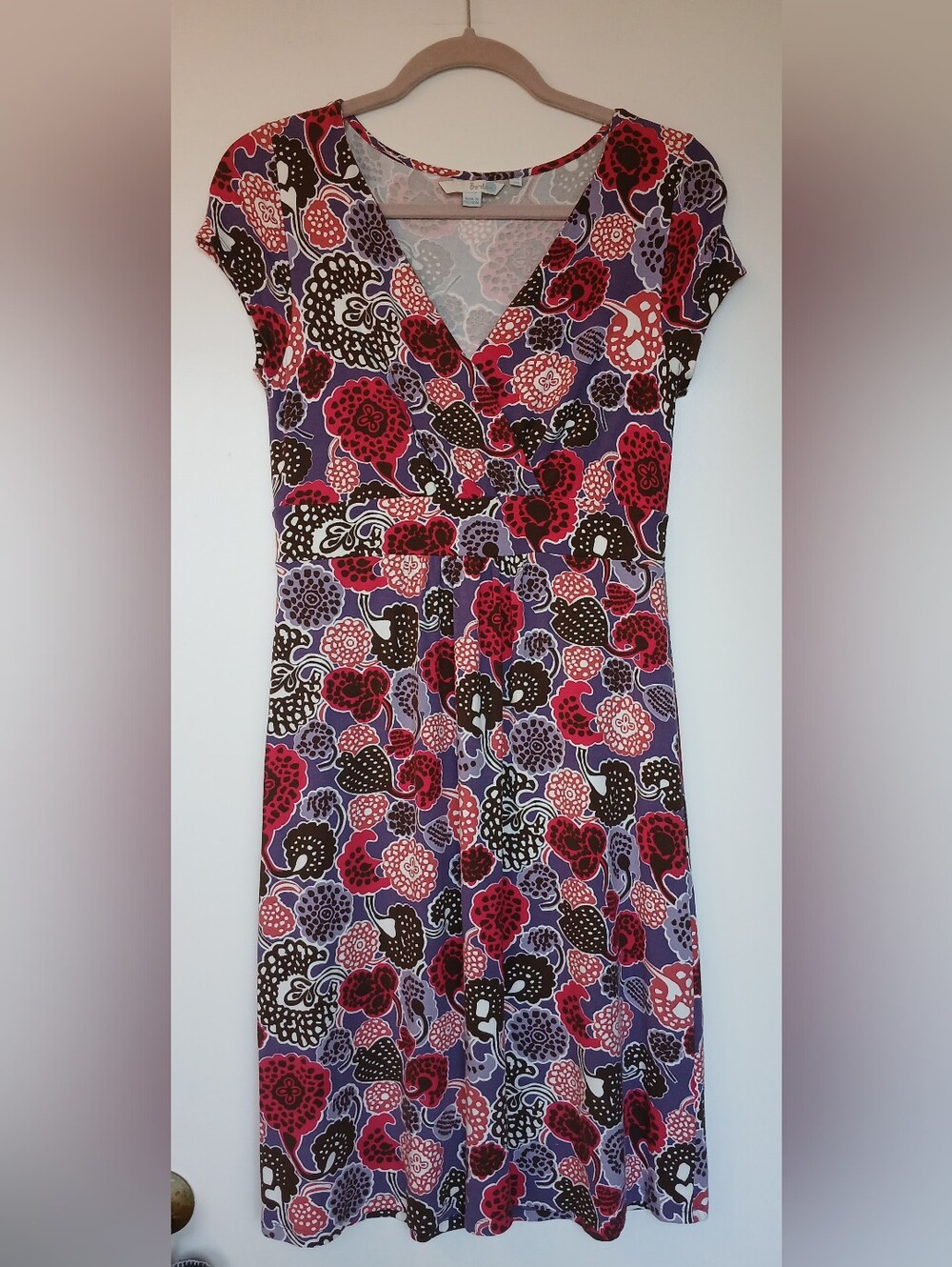 Boden Floral V-Neck Midi Dress with Purple/Red/Brown Flowers Size 8
